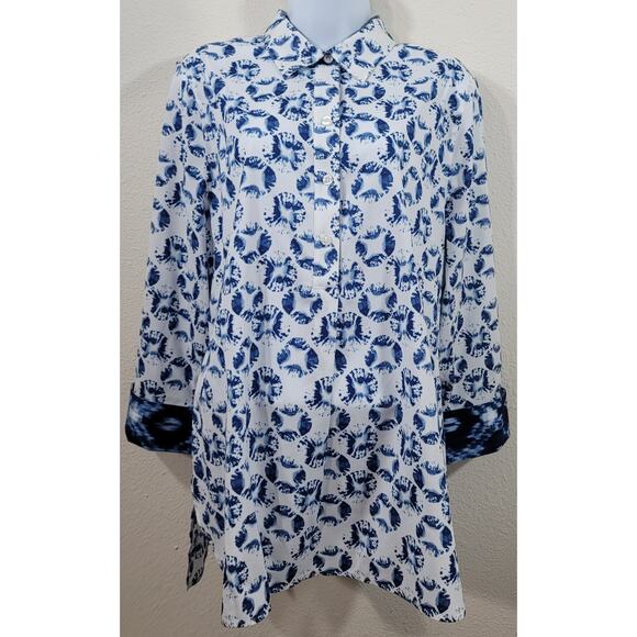 Chico's Blue Tie Dye Shells Henley No Iron Top 2 Large Lightweight New With Tags - Picture 1 of 8